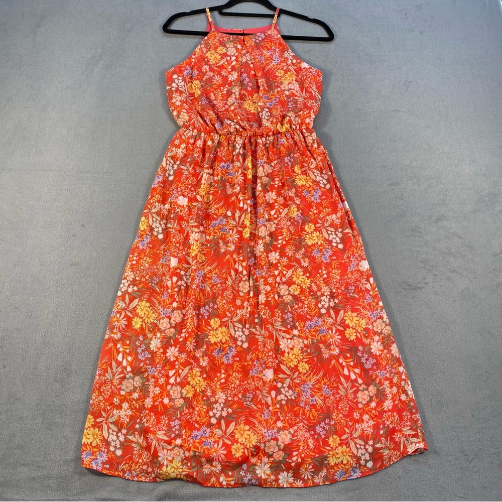 The General Good Women’s Orange Floral Halter Midi Dress, button closure,lined S